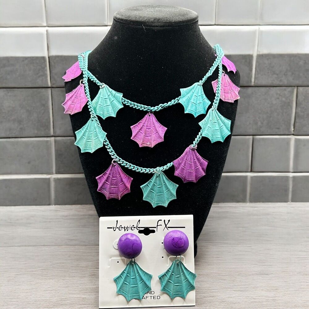 Vintage Turquoise Purple Metal Dangles Chain Mermaid Fin Necklace and Earrings